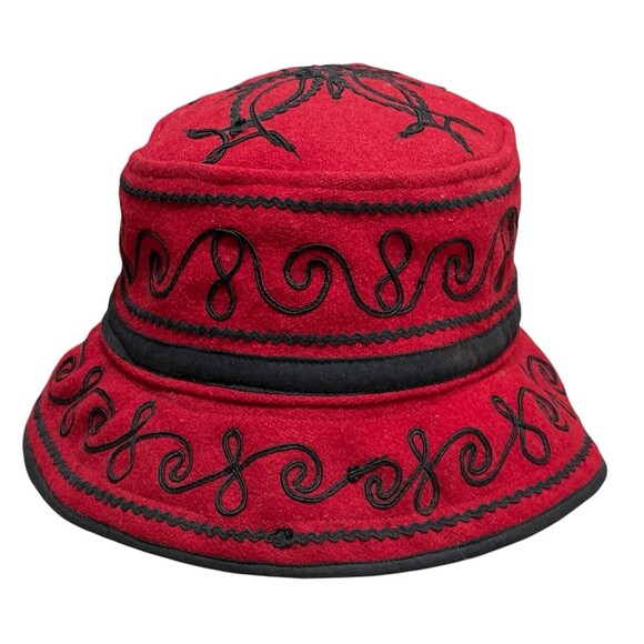 Vintage Guatemalan 100% Wool Embroidered Bucket Hat Cap Red Black XL - Picture 7 of 7